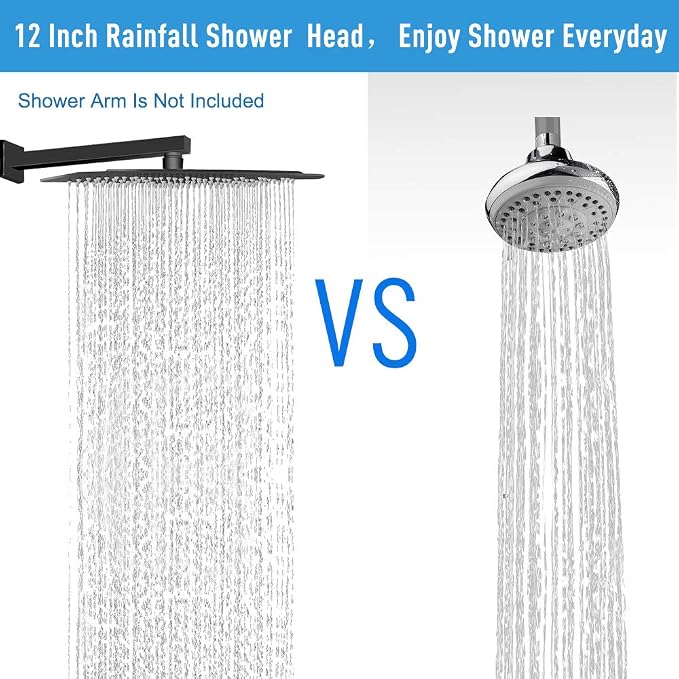 NearMoon Rain Shower Head, High Flow Stainless Steel Square Rainfall Shower, Waterfall Bath Shower Body Covering, Ceiling or Wall Mount (12 Inch, Matte Black)