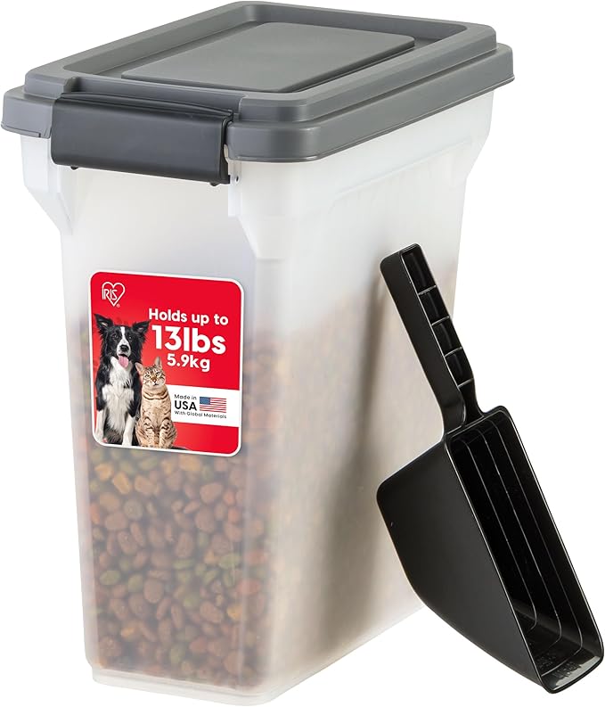 IRIS USA Dog Food Storage Container, Airtight Lid, 2-Cup Scoop, Up to 13 Pounds Pet Food Storage, Versatile Pet Food Bin, Treats, BPA Free, Dark Gray