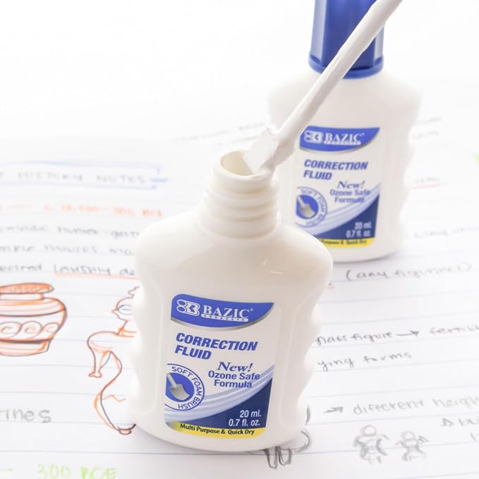 BAZIC Products Correction Fluid w/Foam Brush, Fast-Dry White, 20mL