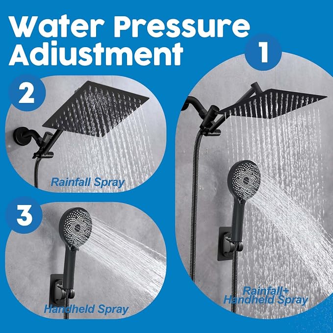 Shower Head,8”Rain Shower Head with Handheld Spray Combo and Adjustable Extension Arm/3-Way Flow Regulator/Shower System,High Pressure Rain Fall Hose,Matt Black