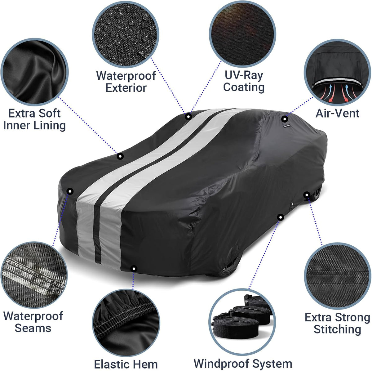 iCarCover Custom Car Cover for 1968-1982 Chevy Corvette C3 Waterproof All Weather Rain Snow UV Sun Protector Full Exterior Indoor Outdoor Car Cover (Stripe - Black/Gray)