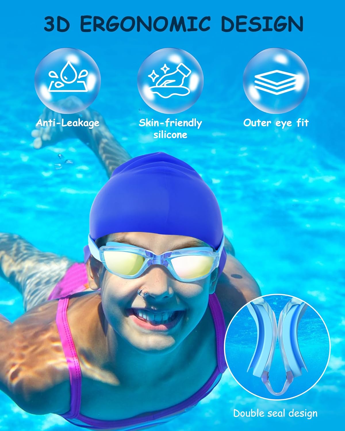 Kids Swim Goggles, Swimming Goggles for Kids Toddlers 3-14 with Swim Cap, Nose Clip, Nose Bridge, Ear Plugs