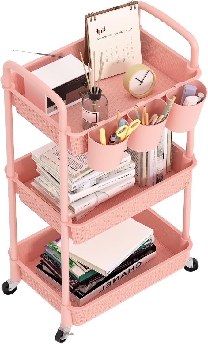 MOYIPIN 3-Tier Plastic Rolling Utility Cart with Handle,Utility Storage Cart for Office, Living Room, Kitchen,Movable Storage Organizer Shelves,Pink with 5 Hanging Cups