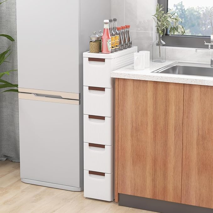 LOKO 5-Drawer Narrow Storage Cabinet, Slim Rolling Cart, Mobile Plastic Cart Container with Pull Handles, Built-in Wheels, for Living Room, Kitchen, Bathroom, Office (7.5"x16.5"x36" (5 Drawer))