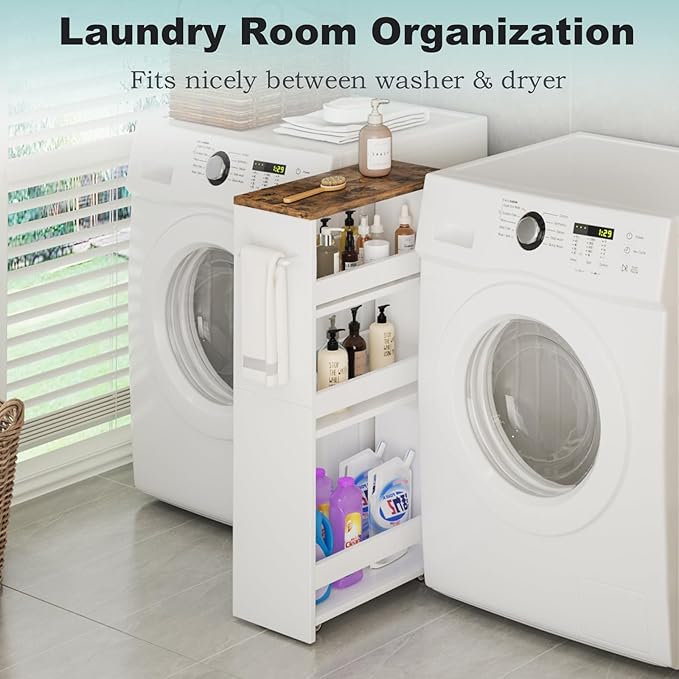 MARTY Rolling Storage Cart 7.9" W, 4-Tier Kitchen Cart with Wheels Handle, Slim Storage Cart Mobile Shelving Utility Carts for Bathroom Laundry Room Organization Narrow Places (White)