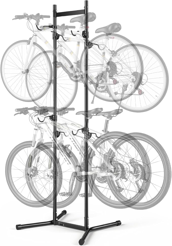 VEVOR Bike Stand for 2 Bikes, Freestanding Vertical Bike Storage Rack, with Height-Adjustable Hooks, Heavy-Duty Carbon Steel Standing Bicycle Floor Stand, Ideal for Garage, Apartment, Home, Black