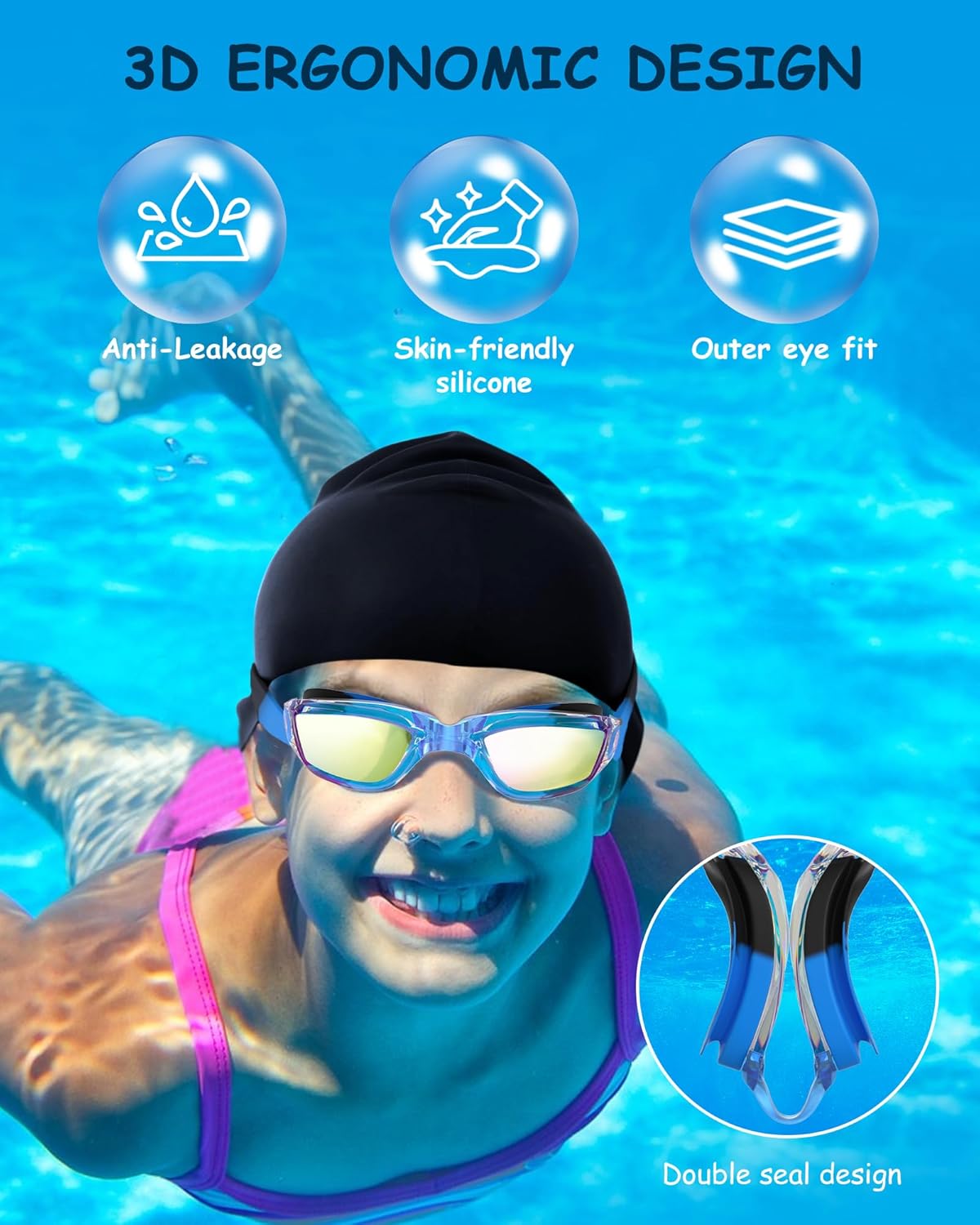 Kids Swim Goggles, Swimming Goggles for Kids Toddlers 3-14 with Swim Cap, Nose Clip, Nose Bridge, Ear Plugs