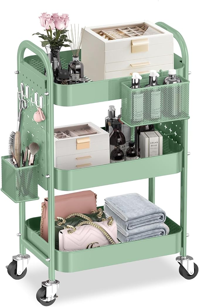 ALVOROG 3 Tier Rolling Cart with DIY Pegboards Metal Utility Cart with Wheels Handles Baskets Hooks, Storage Cart for Office Kitchen Bathroom(Green)