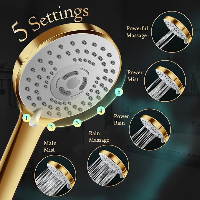 Shower Head,12'' Rain Shower Head with 11'' Adjustable Extension Arm and 5 Settings High Pressure Handheld Shower Head Combo,Powerful Shower Spray Against Low Pressure Water-Brushed Gold