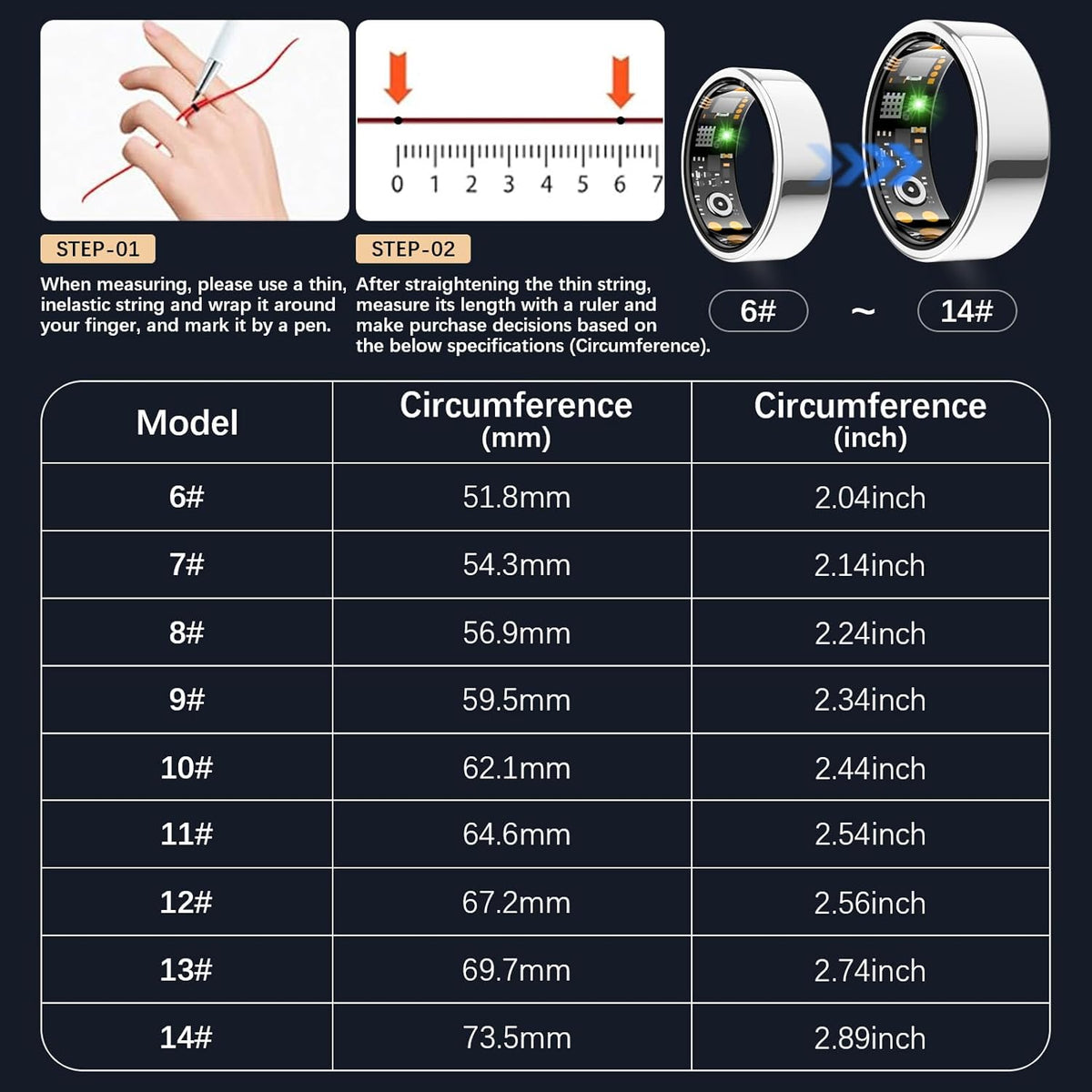 Ring Health Tracker for Women Men, Fit Ring with Heart Rate, Blood Oxygen, Sleep Monitor, Calories, Step Counter, IP68 Waterproof Smart Ring for iPhone & Android, No Subscription Fee (Silver, 14#)