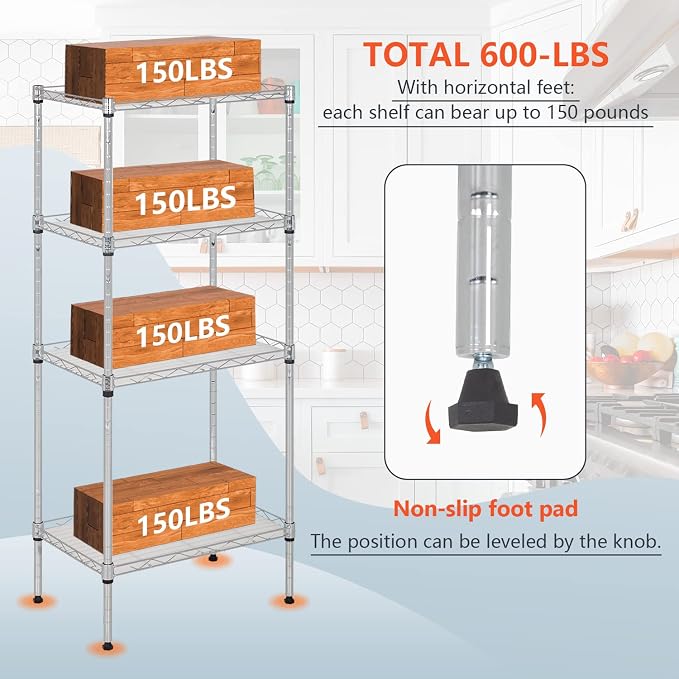 FDW 18L x 12W x 44H Wire Shelves with 4 PP Sheets Metal Shelf Storage Shelves 4 Tier Layer Storage Shelves for Laundry Bathroom Kitchen Garage,Chrome