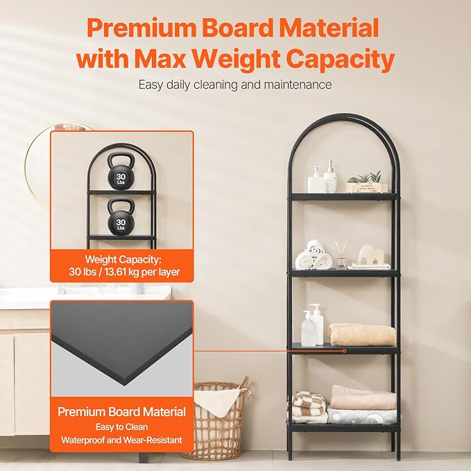 VEVOR Metal Bookshelf, 4-Tier Arched Industrial Bookshelf, Small Rustic Vintage Storage Bookcase with Open Shelves, Freestanding Display Shelving Unit Storage Rack, for Living Room, Bedroom & Office