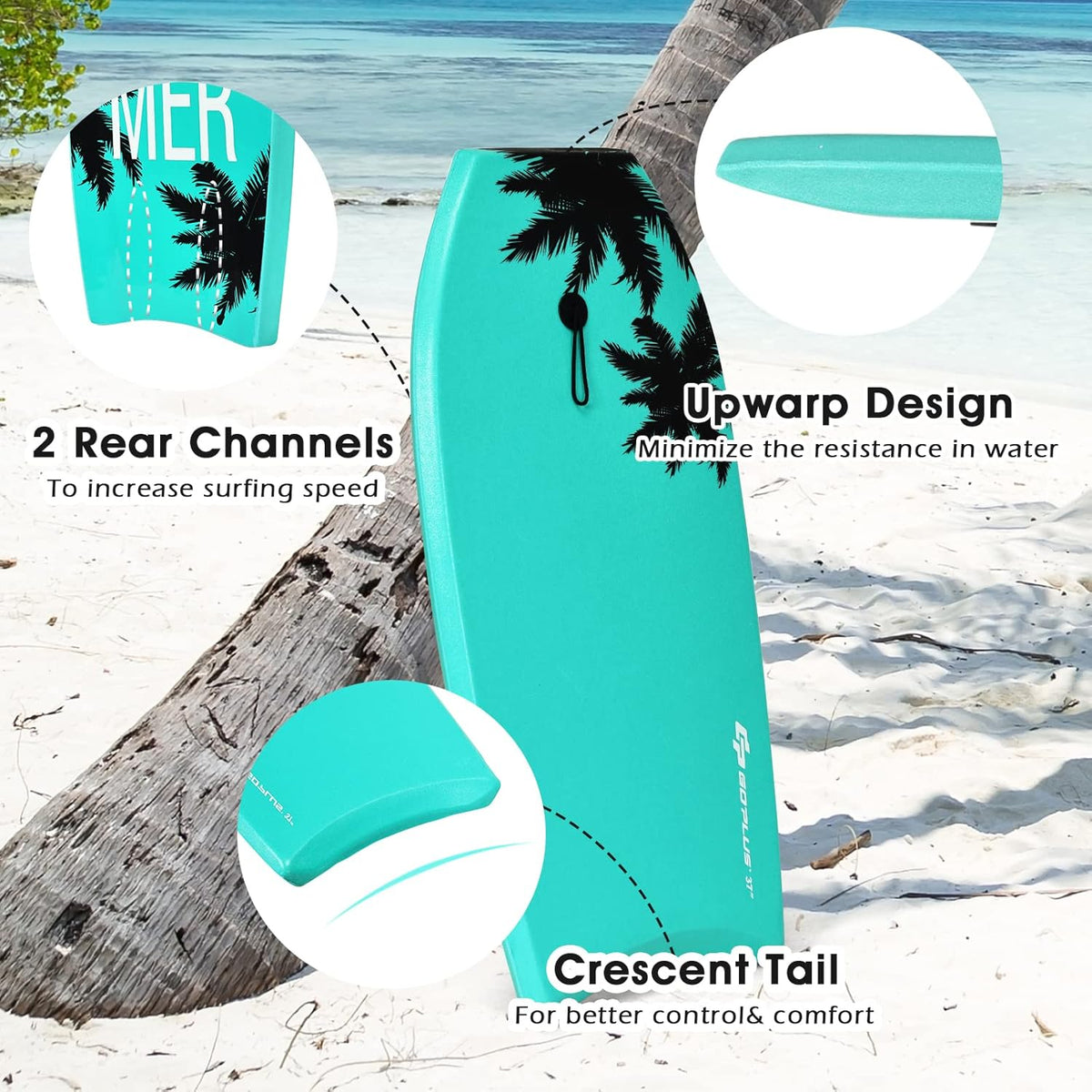 KOTEK 33/37/41 Inch Body Board with Wrist Leash, EPS Core, Dual Channel, HDPE Slick Bottom, Bodyboard for All Skill Levels & Wave Conditions