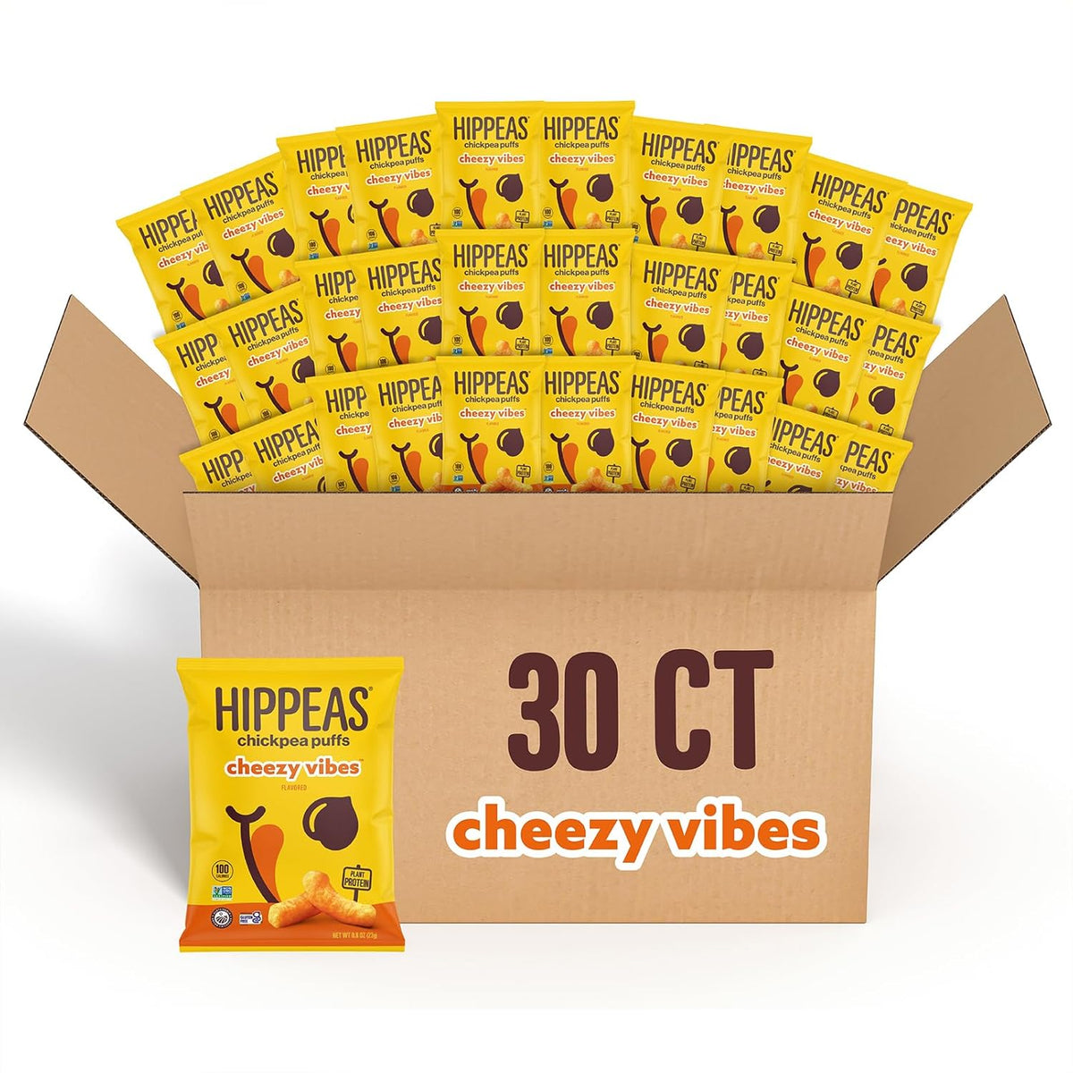 Hippeas Chickpea Puffs, Cheezy Vibes, 0.8 Ounce (Pack of 30), 3g Protein, 2g Fiber, Vegan, Gluten-Free, Crunchy, Plant Protein Snacks