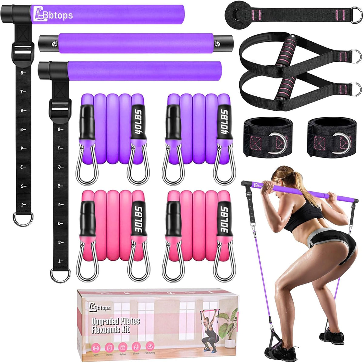 Pilates Bar Kit with Resistance Bands,Pilates Bar with Stackable Bands Workout Equipment for Legs,Hip,Waist and Arm,Exercise Fitness Equipment for Women & Men Home Gym Yoga Pilates