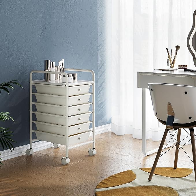 6-Tier Utility Cart with 6 Drawers, Rolling Utility Cart with 2 Lockable Caster Wheels, Multipurpose Mobile Rolling Drawer Cart for Office Bathroom Kitchen, Ivory White
