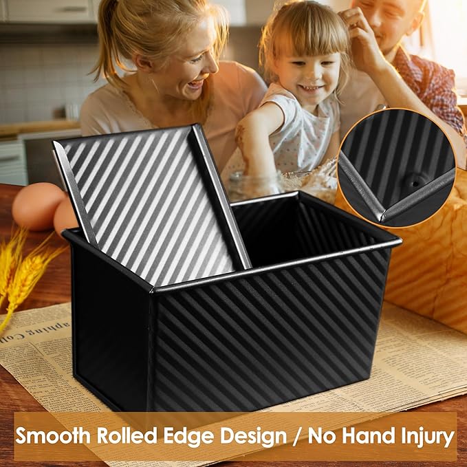 1lb Bread Pan with Dough Scraper Cutter, 8.4 X4.8inch Black Bread Loaf Pan, Rectangular Covered Metal Pullman Loaf Pan with Lid for Homemade Sandwich Bread