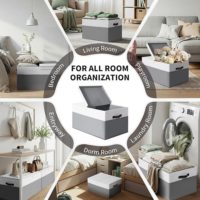 2 Pack EXTRA LARGE Blanket Storage Baskets with Lids, 22”x16”x12” Closet Organizers Bins for Clothes Towel/ Storage Box with Lid Handles/ Stackable Decorative Fabric Bins for Living Room, Nursery