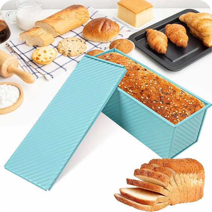 Blue Pullman Loaf Pan with Lid, 2.2LB Bread Loaf Pan, PFTE &PFOA Free Non-Stick Surface Ensure Safe and Healthy Baking, Unique and Reliable Bread Pan Add A Touch of Elegance to Your Kitchen