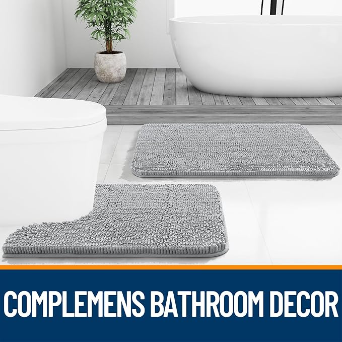 OLANLY Large Bathroom Rugs 40x24, Extra Soft Absorbent Chenille Bath Rugs, Rubber Backing Quick Dry, Machine Washable Bath Mats for Bathroom Floor, Tub and Shower, Home Decor Accessories, Light Grey