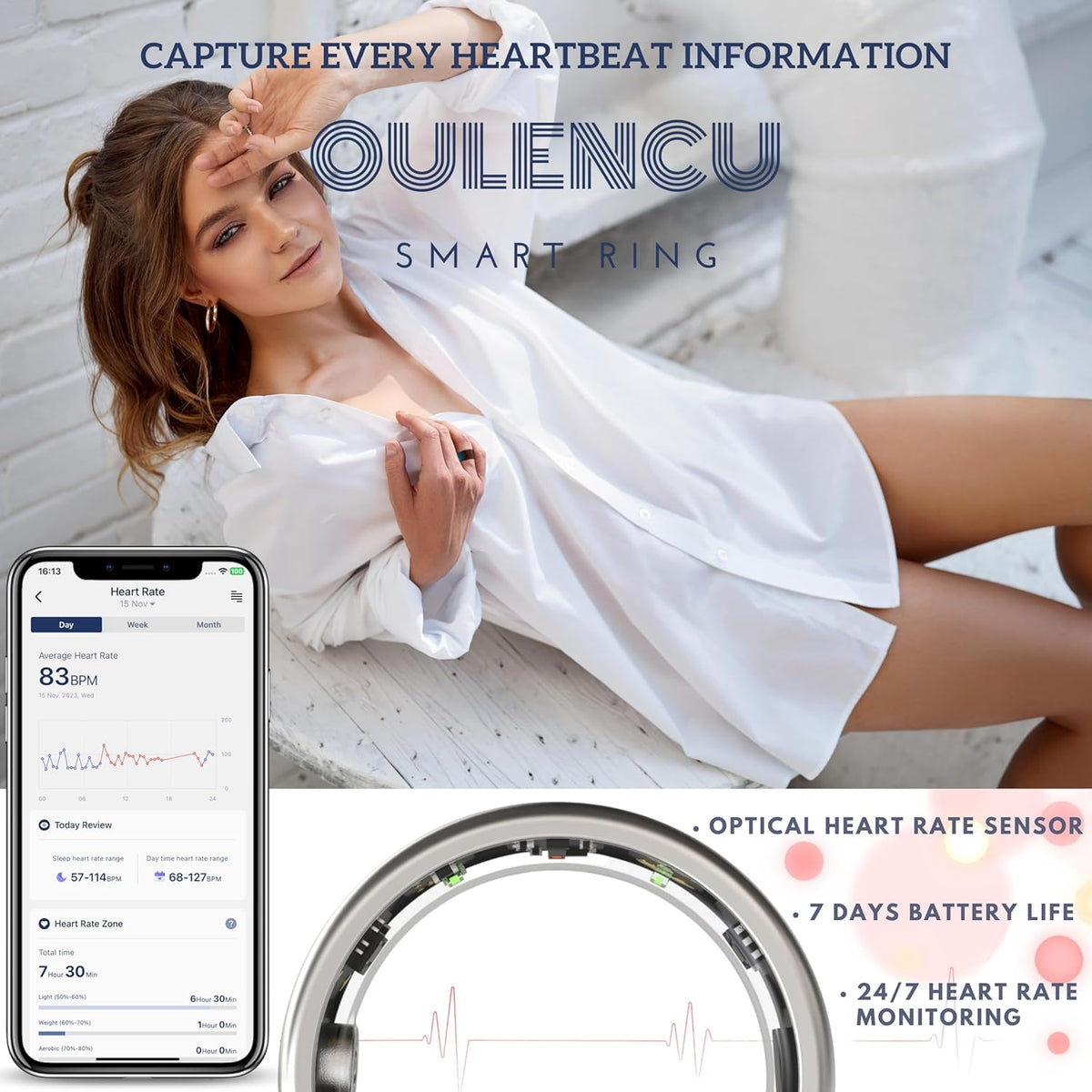 2025 Smart Ring for Women Men, Sleep Tracker Ring, Fitness Smart Ring, Activity Tracker,Sleep Monitor, Stress/Heart Rate/Women's Calories Steps Tracking-No APP Subscription (Gold, #8-57.0mm/2.24")
