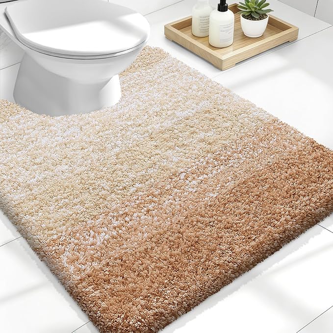 OLANLY Luxury Toilet Rugs U-Shaped 24x20, Extra Soft and Absorbent Microfiber Bathroom Rugs, Non-Slip Plush Shaggy Bath Mat, Machine Wash Dry, Contour Bathroom Mats for Toilet Base, Beige