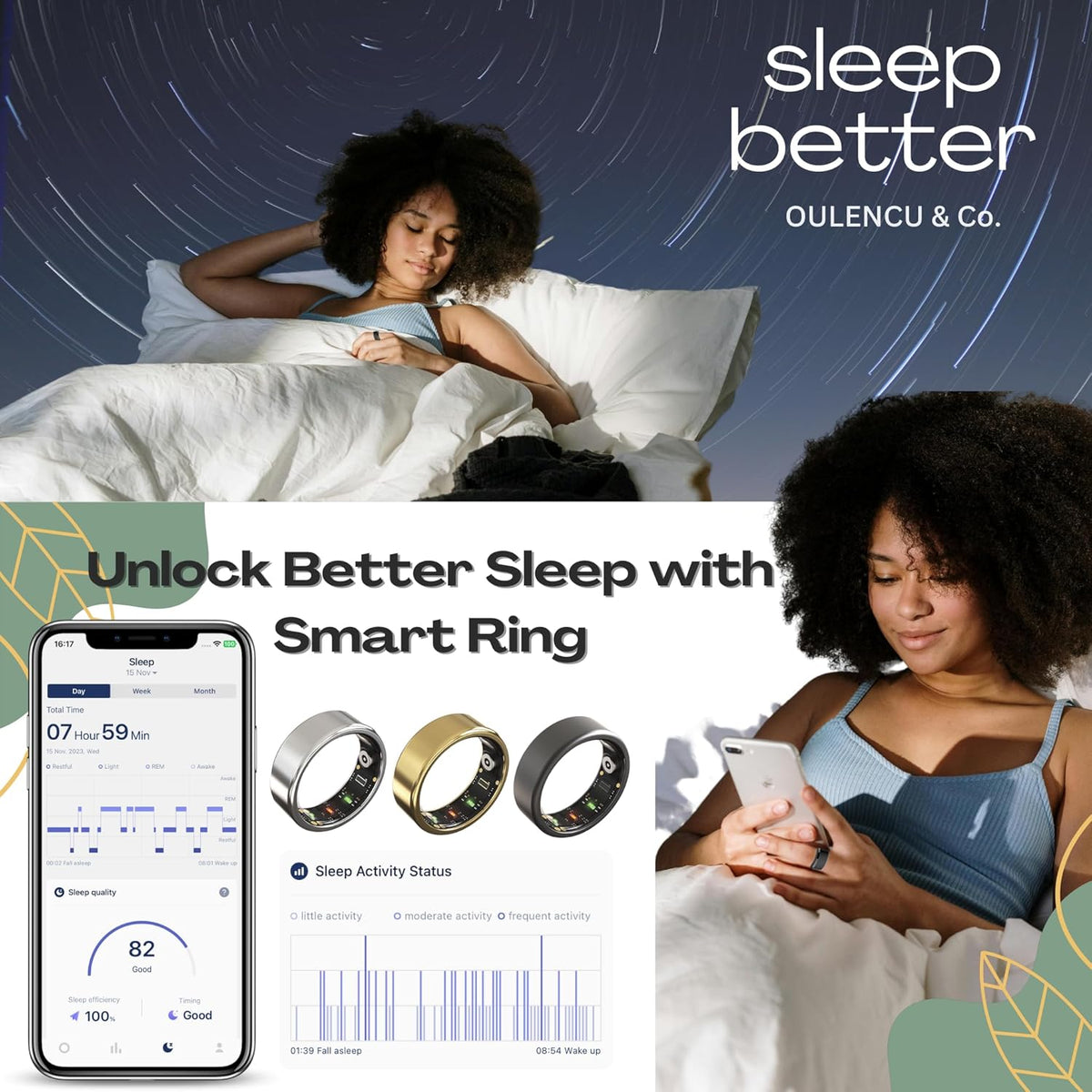 2025 Smart Ring for Women Men, Sleep Tracker Ring, Fitness Smart Ring, Activity Tracker,Sleep Monitor, Stress/Heart Rate/Women's Calories Steps Tracking-No APP Subscription (Gold, #8-57.0mm/2.24")