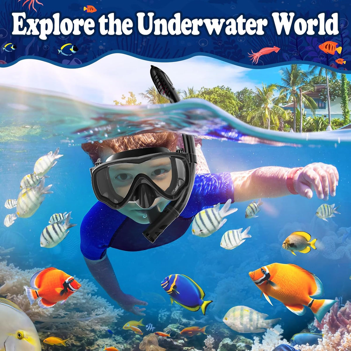 U PHITNIS Kids Snorkel Set for Age 4-14 - Dry Top Snorkeling Gear for Kids Junior & Youth - Childs Diving Mask with Big Eyes for Boys Girls - Anti-Fog Snorkeling Mask and Snorkel Set