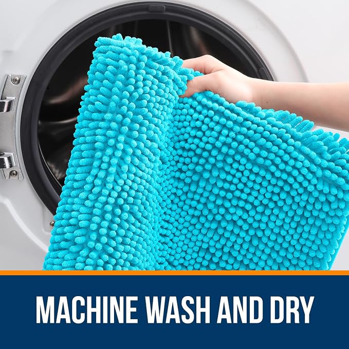 OLANLY Bathroom Runner Rugs 47x20, Soft Absorbent Chenille Bath Rugs, Rubber Backing Quick Dry, Machine Washable Long Bath Mats for Bathroom Floor, Tub and Shower, Home Decor Accessories, Aqua Sky