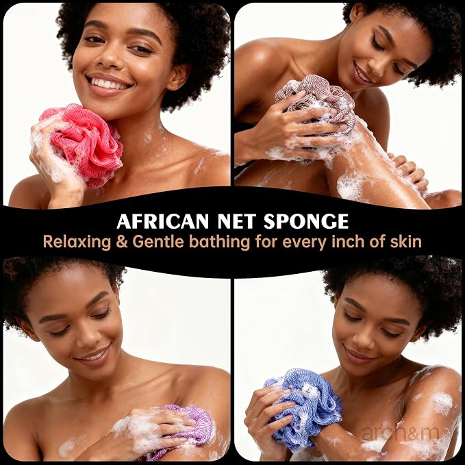 ARCH&M Authentic African Net Sponge with Knots, 2 Pack | 53" Extra-Long Back Scrubber, Quick-Dry Exfoliating Shower Mesh Loofah, Women and Men Daily Use, Gentle for Sensitive Skin