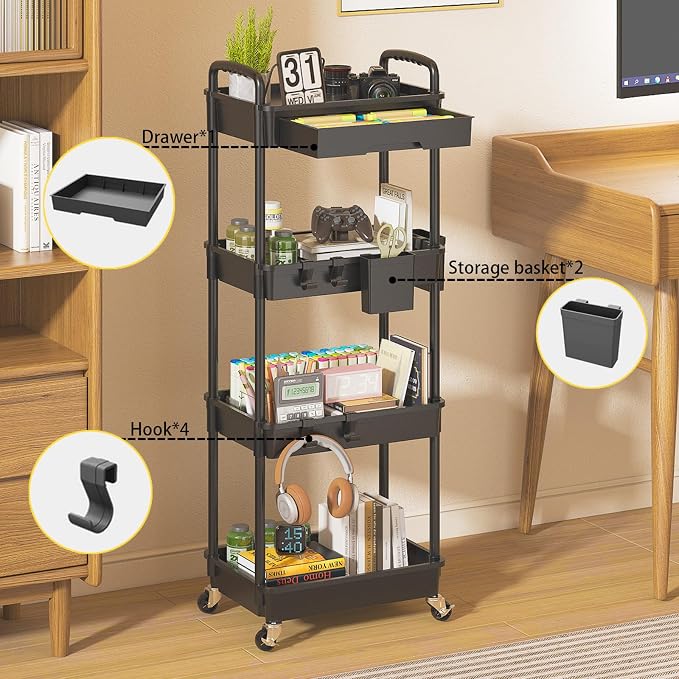 4 Tier Rolling Utility Cart with Drawer, Plastic Storage Organizer Rolling Carts with Wheels Handles Hanging Cups Hooks for Office, Bathroom, Kitchen,Craft Art Room (Black)