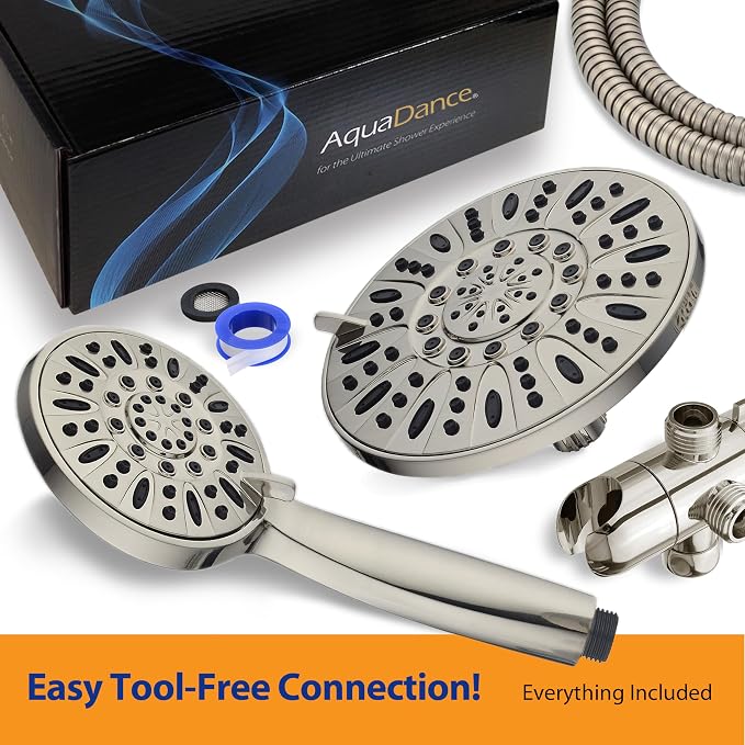 AquaDance 7" Premium High Pressure 3-Way Rainfall Combo with Stainless Steel Hose – Enjoy Luxurious 6-setting Rain Shower Head and Hand Held Shower Separately or Together – Brushed Nickel Finish