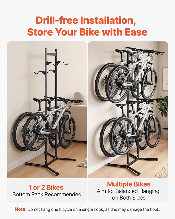VEVOR Bike Stand for 4 Bikes, Freestanding Vertical Bike Storage Rack, with Height-Adjustable Hooks, Heavy-Duty Carbon Steel Garage Bicycle Floor Stand, Ideal for Garage, Apartment, Home, Black
