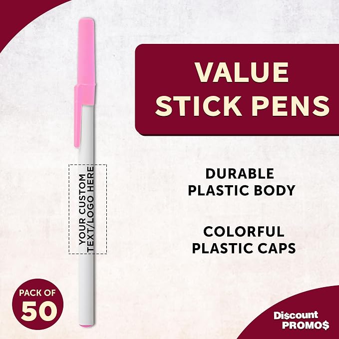 DISCOUNT PROMOS Custom Value Stick Pens Set of 50, Personalized Bulk Pack - Black Ink, Great for Office, School, Business, Tradeshows, Events - Pink