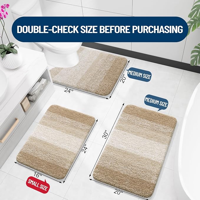 OLANLY Luxury Toilet Rugs U-Shaped 24x20, Extra Soft and Absorbent Microfiber Bathroom Rugs, Non-Slip Plush Shaggy Bath Mat, Machine Wash Dry, Contour Bathroom Mats for Toilet Base, Tan