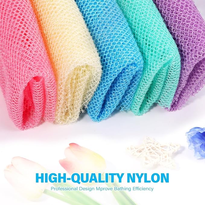 UJFQBH 5 Pieces African Bath Sponge African Net Long Net Bath Sponge Exfoliating Shower Body Scrubber Back Scrubber Skin Smoother,Great for Daily Use (Purple, Pink, Green, Blue, White)