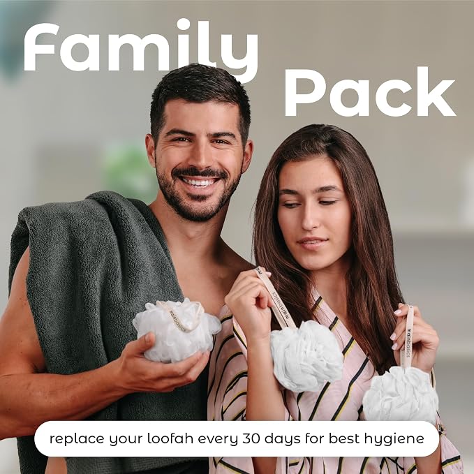 MainBasics Bath Shower Loofah Sponge Pouf Body Scrubber Exfoliator Body Wash Sponge (Set of 3, Snow White)