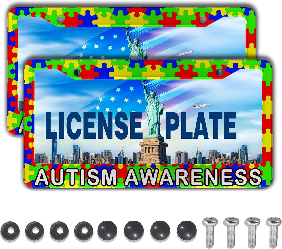 Custom License Plate Frame Multicolor License Plate Frames Autism Awareness Puzzle Universal Aluminum Car Accessory 2 Pack with Screw Covers Set