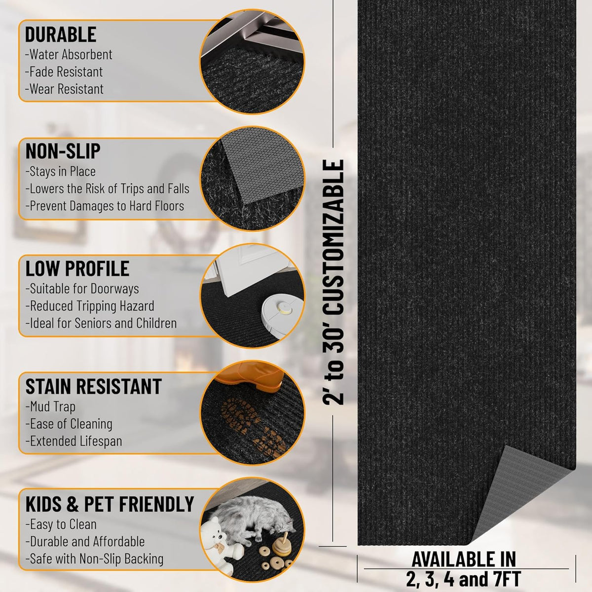 Ottomanson 6'6" x 8' Mud Mat Area Rug Scraper Carpet - Non-Slip, Dirt Trapping for Indoor & Outdoor Use - Ideal for Entryway, Garage, Kitchen, Patio & High-Traffic Areas, Black
