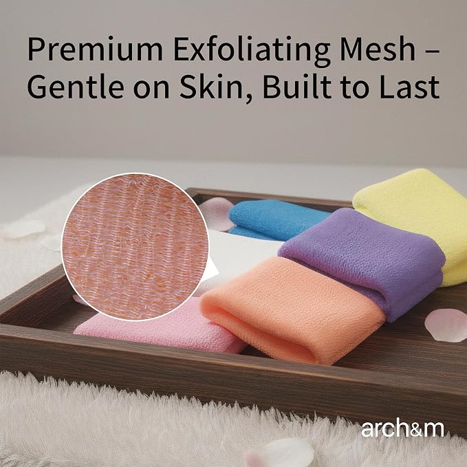 ARCH&M Exfoliating Washcloth & Shower Towel, Blue, 3 Pack | Japanese Washcloth, Textured Nylon, Deep Exfoliation, Improved Circulation, Daily Use, Glowing Silky-Smooth Skin