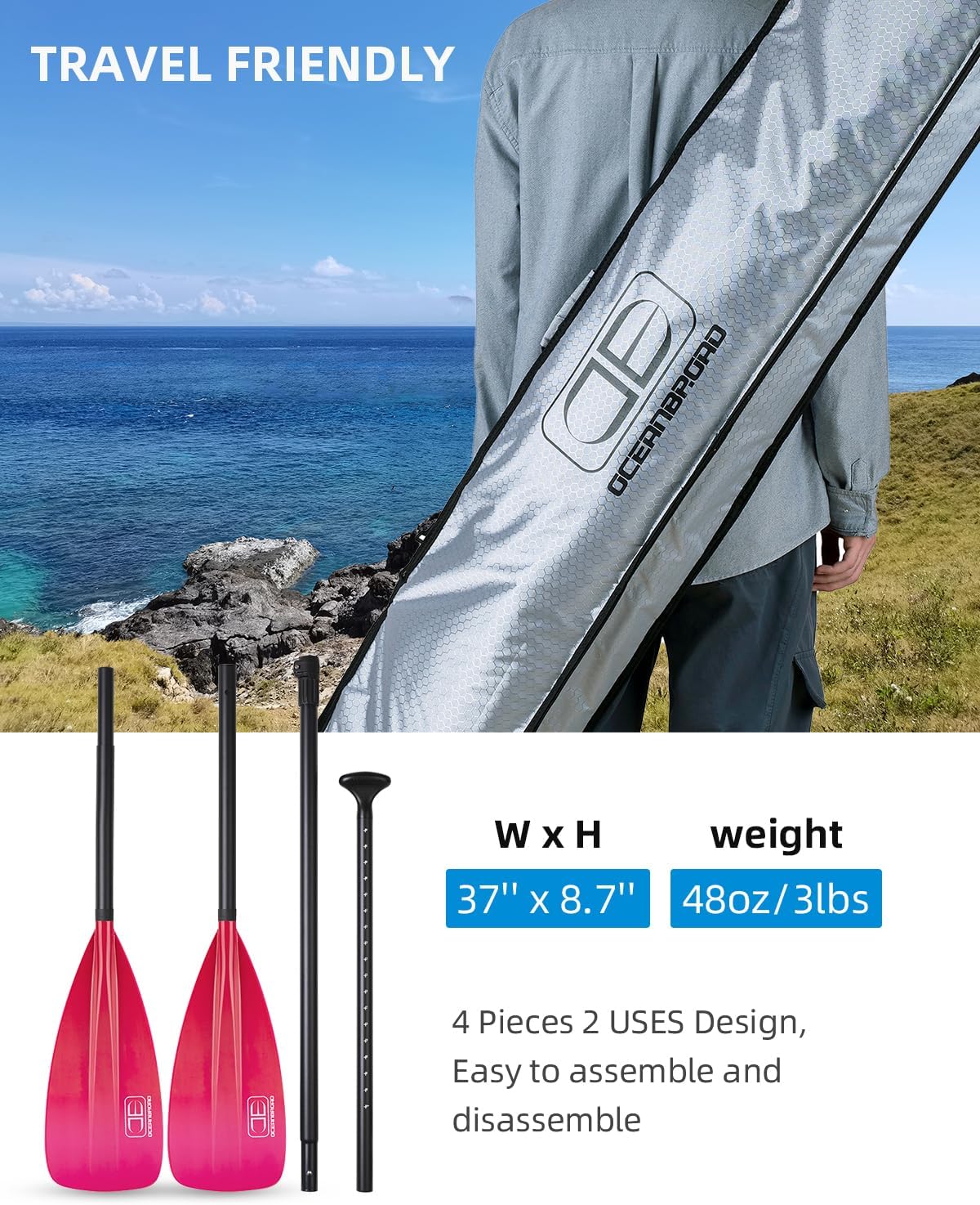 OCEANBROAD SUP Paddle - Adjustable Stand-Up Paddle for Paddleboard Kayak, Adjustable Aluminum Alloy Shaft with Reinforced Nylon Blades
