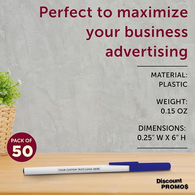 DISCOUNT PROMOS Custom Value Stick Pens Set of 50, Personalized Bulk Pack - Black Ink, Great for Office, School, Business, Tradeshows, Events - Blue