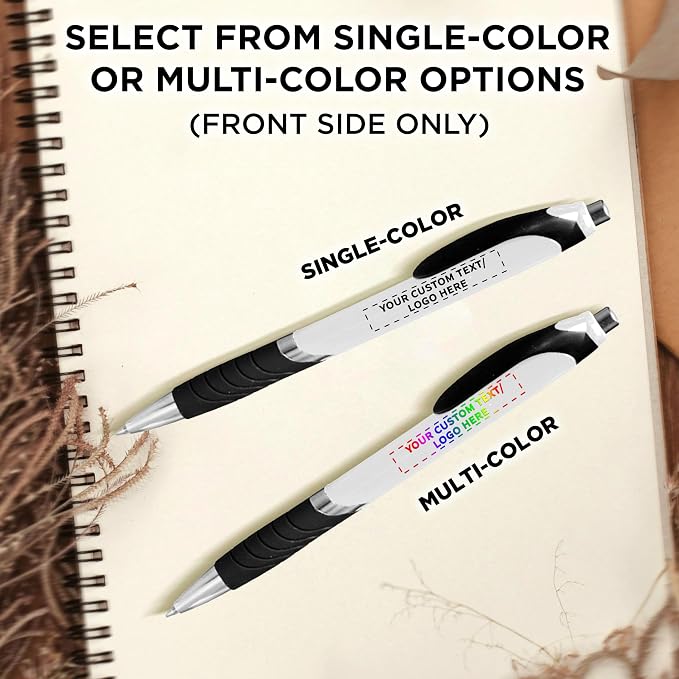 DISCOUNT PROMOS Ballpoint Pens With Rubber Grip - 10 pack - Customizable Text, Logo - Black Ink Ball Point Pen with Soft Touch Plastic - White
