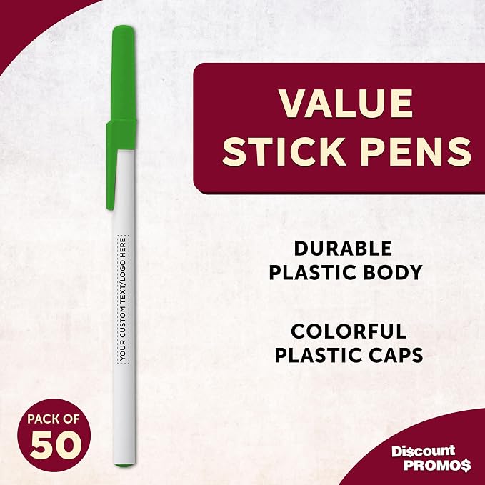 DISCOUNT PROMOS Custom Value Stick Pens Set of 50, Personalized Bulk Pack - Black Ink, Great for Office, School, Business, Tradeshows, Events - Green