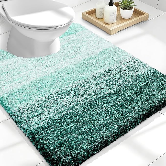OLANLY Luxury Toilet Rugs U-Shaped 24x20, Extra Soft and Absorbent Microfiber Bathroom Rugs, Non-Slip Plush Shaggy Bath Mat, Machine Wash Dry, Contour Bathroom Mats for Toilet Base, Blackish Green