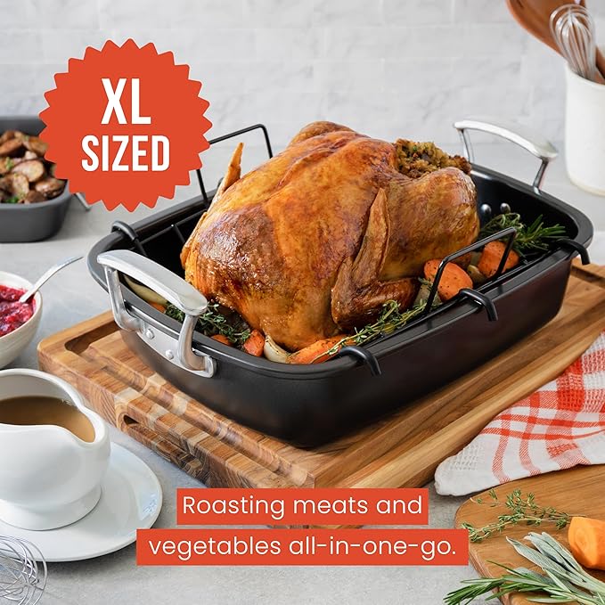 Chef Pomodoro Deluxe Large Carbon Steel Roasting Pan with U-Rack, 18.5 x 14.5-In (47 x 37 cm), Extra-Large, Grey – The Ultimate Solution for Flawless Roasts, BBQs, and Oven-to-Table Entertaining