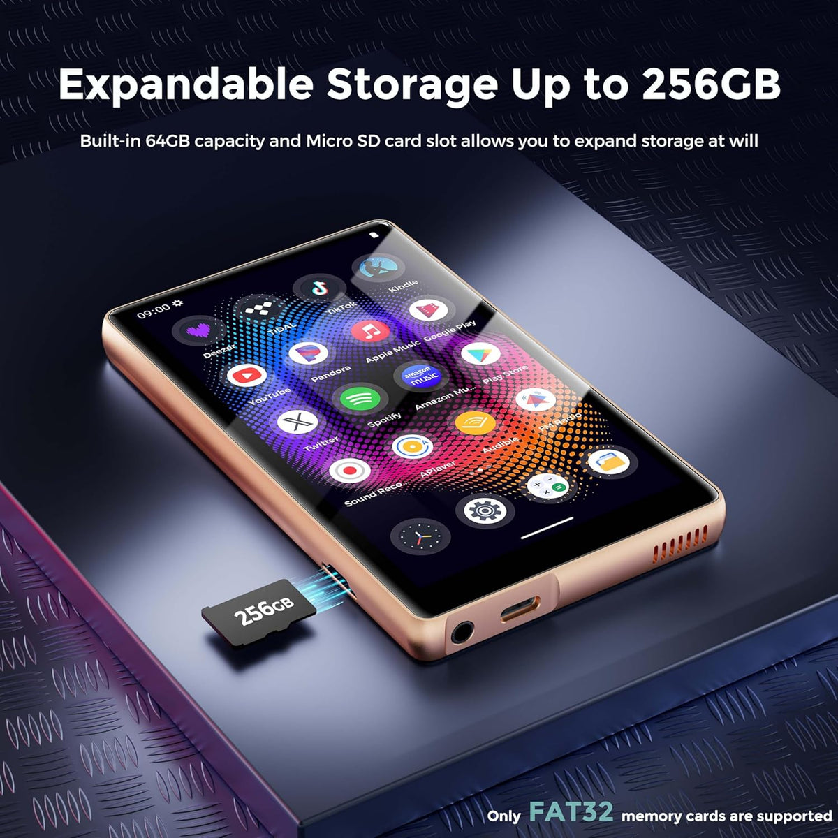 128GB MP3 Player with Bluetooth and WiFi，Music Video Player with Spotify Pandora,Amazon Music, 5" Touch Screen Android MP4 MP3 Player for Kids with Audible, YouTube, Spotify Kids,up to 256GB (Gold)