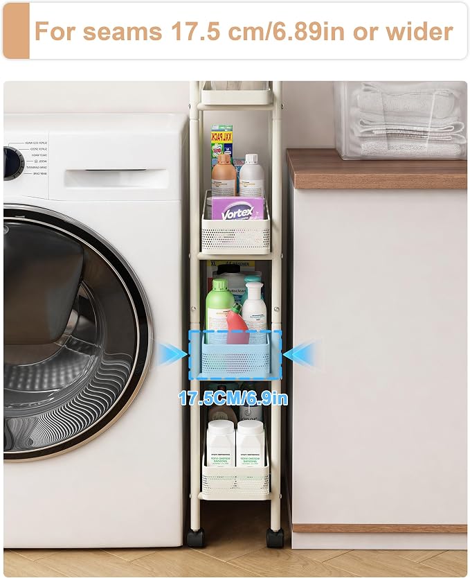 UMDONX Slim Storage Cart 4 Tier with Pull Out Basket Bathroom Organizer Rolling cart, Rolling Utility Cart Slide Out Organizer for Kitchen, Bathroom, Laundry White
