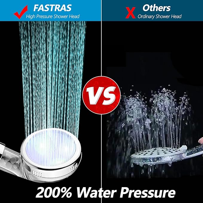 FASTRAS LED Shower Head with Handheld, High Pressure Shower Head with Hose, Holder & PTFE Tape etc, 3 Water Temperature-Controlled Water Saving Filtered Shower Head for Dry Hair& Skin