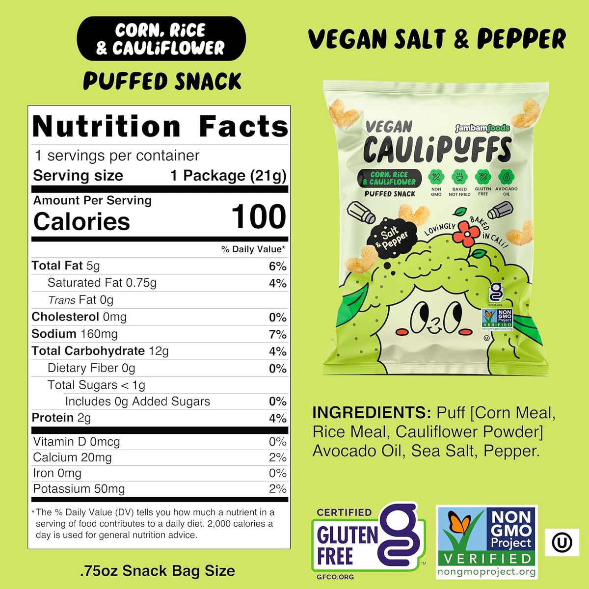 CauliPuffs - Corn, Rice, and Cauliflower Gluten Free Puffed Snack (15 x 0.75oz Bags, Vegan Salt & Pepper)